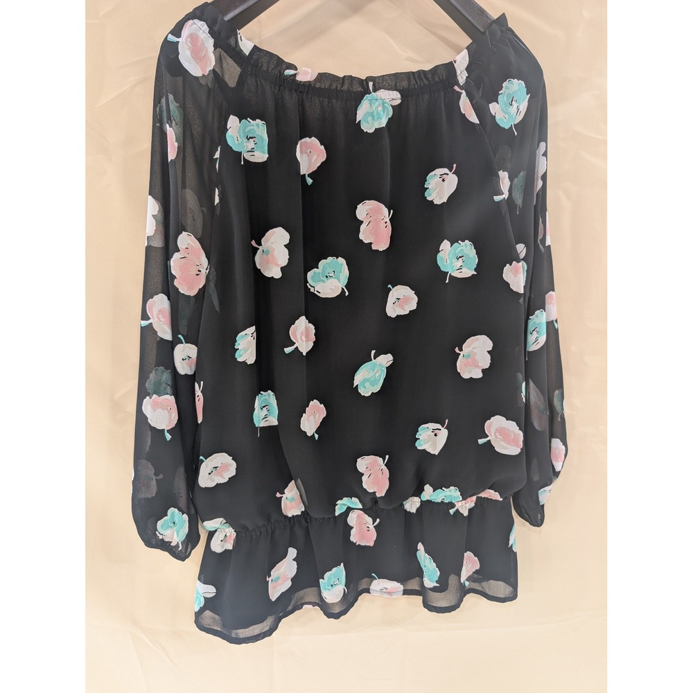 Ann Taylor XL Black Floral Print Sheer Long Sleeve Blouse Tie Neck - Picture 6 of 7